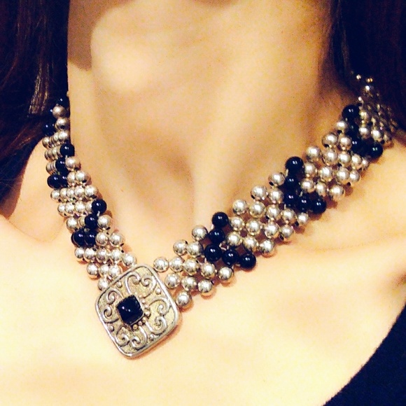 Vintage Taxco Signed Sterling Silver Onyx Beaded Choker Necklace - Picture 1 of 8